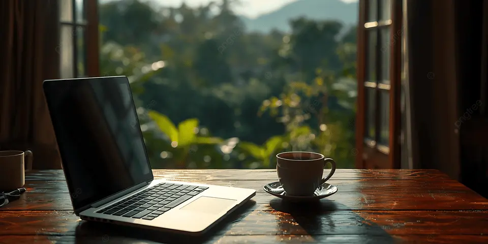 A quiet morning workspace with warm light, a notebook and a cup of tea on a wooden desk